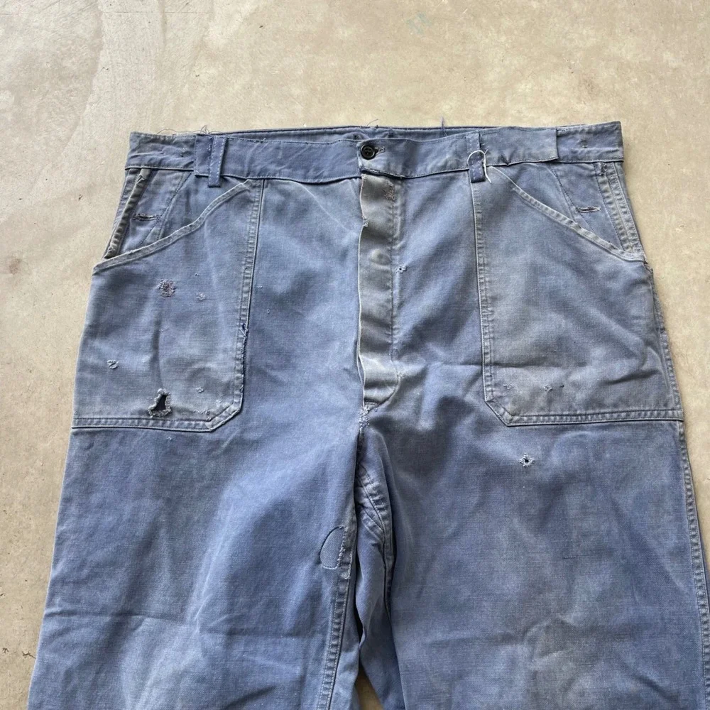 Vintage 40s French Workwear Chore Pants Blue Faded Distressed Button Fly 38x28